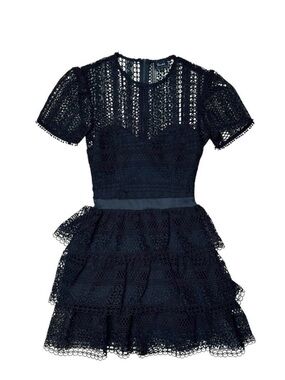 Bardot Navy Lace Tiered Dress with Ribbon Waist